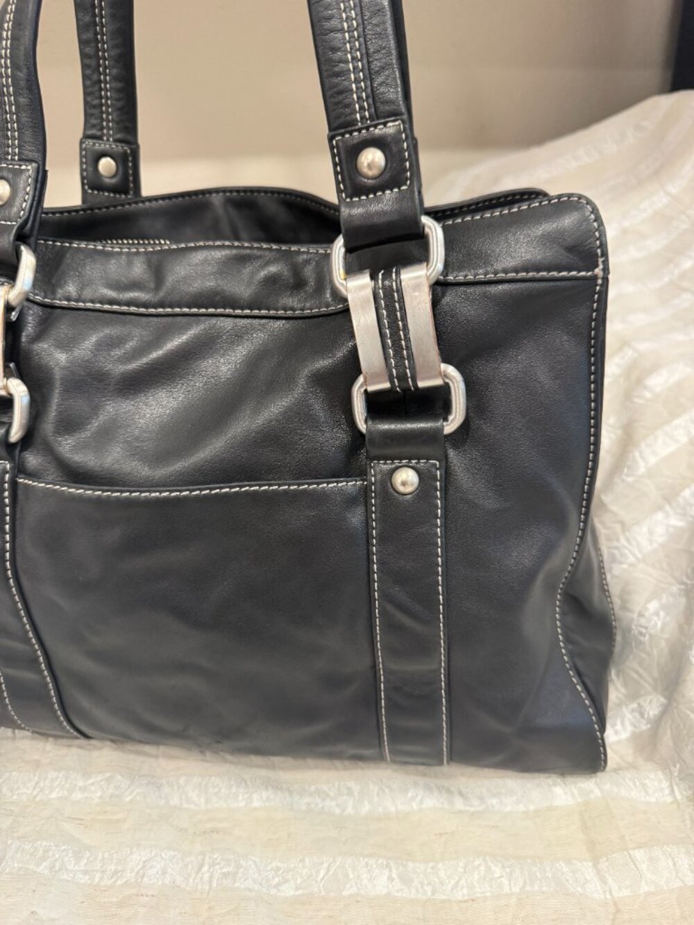 Perlina New York Black Genuine Leather Y2K Shoulder Bag Tote Hardware - Picture 12 of 17
